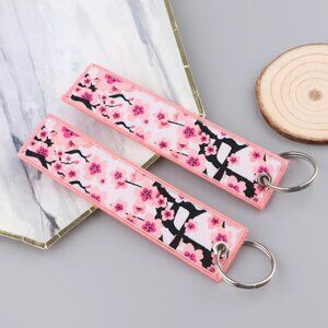 Pink Cherry Blossom Keychain for Motorcycles Cars Flowers Embroidery Key Fobs